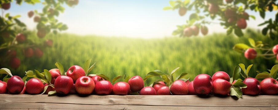 Empty rustic old wooden boards table copy space with apple trees orchard in background. Some ripe red fruits on desk. Product display template.