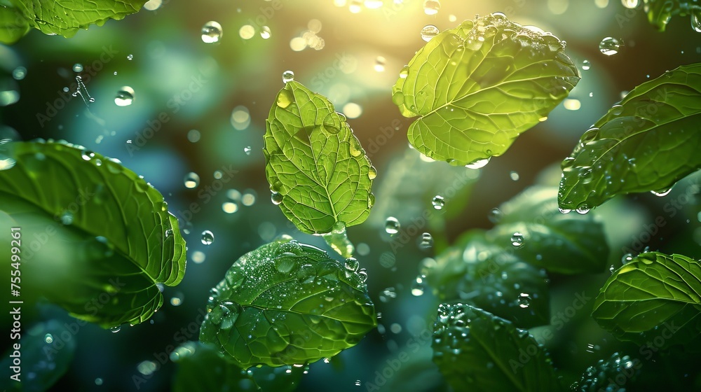 Poster a light effect air flow fresh and mint bubbles. foam soap with flying mint leaves - an element of a 