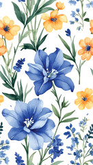 Obraz premium Beach cheerful seamless pattern wallpaper of tropical dark green leaves of palm trees and flowers bird of paradise (strelitzia) plumeria on a watercolor background