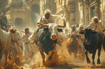 Traditional bull run event with participants running ahead of bulls on a dusty street. - obrazy, fototapety, plakaty