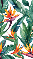 Beautiful seamless vector floral pattern, spring summer background with tropical flowers, palm leaves, jungle leaf, Gloriosa superb and gloriosa lily,  Leaves Blossom, Hawaiian, watercolour style