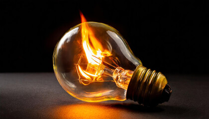 Light bulb with fire flame on black background. Power and energy