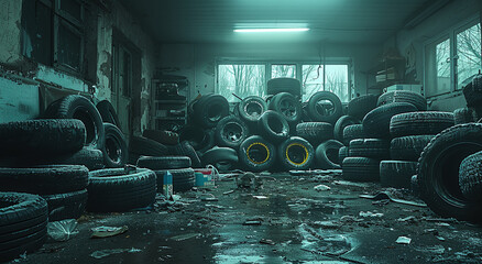 Abandoned garage with scattered old tires and debris, eerie and desolate atmosphere.