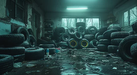 Zelfklevend Fotobehang Abandoned garage with scattered old tires and debris, eerie and desolate atmosphere. © Gayan