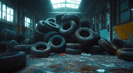 Fotobehang Pile of old tires in a dimly lit abandoned warehouse, conveying urban decay and environmental waste. © Gayan