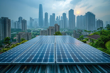 Solar panels with modern city skyline and clouds at sunset, sustainable energy concept.