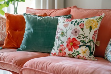 living room with a pastel peach velvet sofa with bright floral print pillows