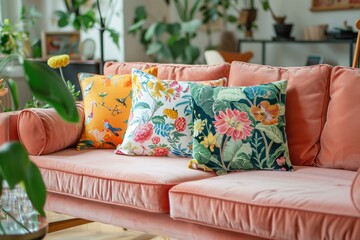living room with a pastel peach velvet sofa with bright floral print pillows