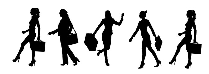 Silhouette collection of business woman carrying briefcase in expressive pose