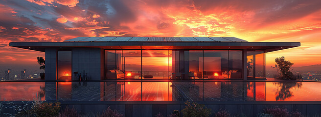 Modern house with panoramic windows at sunset. - obrazy, fototapety, plakaty