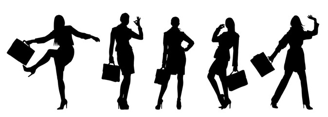 Silhouette collection of business woman carrying briefcase in expressive pose