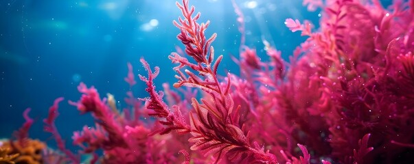 Fototapeta na wymiar Red algae swaying underwater clos. Concept Underwater Flora, Red Algae, Oceanic Environment, Marine Life, Aquatic Movement