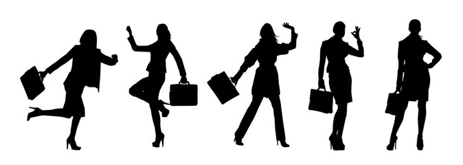 Silhouette collection of business woman carrying briefcase in expressive pose