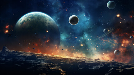 A celestial scene with planets moons and shooting star