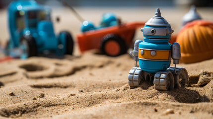 A close interiorup of beach toys resting on the sand  interior