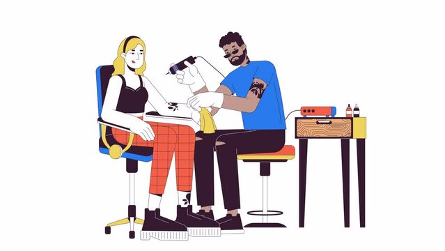 Tattoo artist and female client line 2D characters animation. Body art flat color cartoon 4K video, alpha channel. White woman getting tattooed with specialist animated people on white background