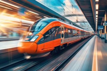 Fototapeta premium A train moves over the tracks in bright orange