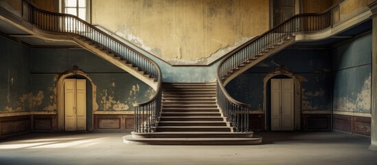 The room depicted in the scene is vast, with high ceilings and a noticeable lack of furniture. In the center of the room is a long, winding staircase that stretches from the floor to the upper levels