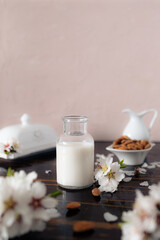 Fototapeta na wymiar Almond milk with almonds and almond blossoms on the table: the vegan alternative to traditional milk