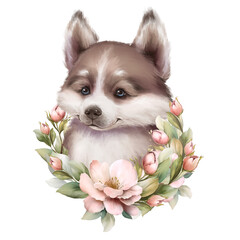 Cute dog, puppy with flowers, pet animal portrait. - 755501887