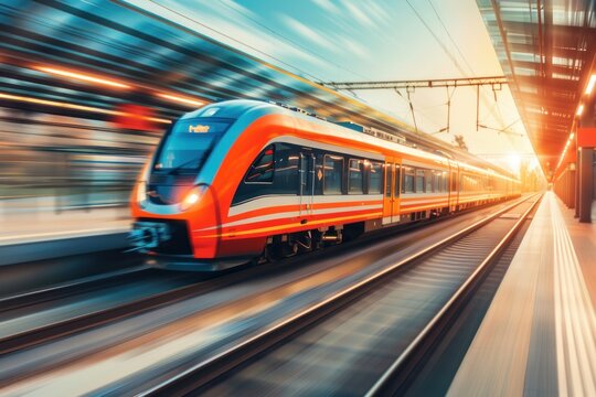 A train moves through the tracks in a bright orange and white color scheme. Fast moving trains