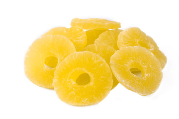 Slices of dried pineapple fruit on a white background.