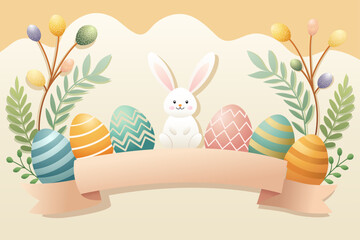 easter bunny with easter eggs. eggs in pastel colors.  modern minimal paper art style. poster, banner, greeting card.