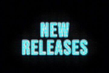 New releases. Banner in blue and white capital letters. The text, new releases, illuminated. Software update, shopping, retail, new, porduct update, upgrade.