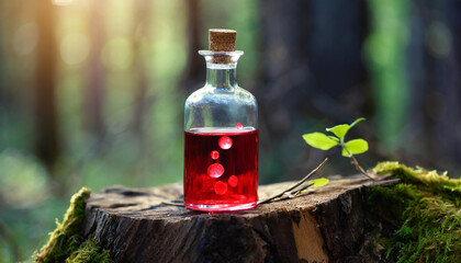 Small glass bottle filled with magic red poison on top of tree stump. Magical elixir. Fantasy forest. Blurred green background.