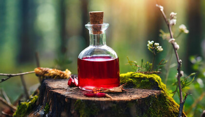 Small glass bottle filled with magic red poison on top of tree stump. Magical elixir. Fantasy forest. Blurred green background.
