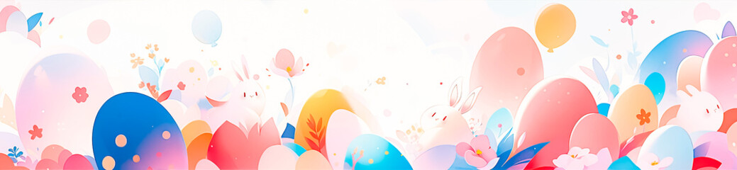 Easter banner with abstract drawings in the shape of eggs and rabbits. A place for the text. Children's parties and decorations.