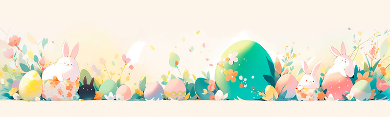An advertising banner for Easter. Abstract background with shapes of Easter eggs and rabbits, pastel green background. A place for the text.