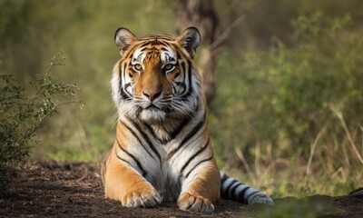 A tiger is laying down in the grass - obrazy, fototapety, plakaty