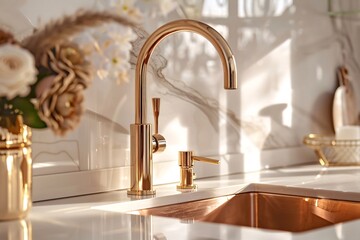a gold faucet and sink in a kitchen - obrazy, fototapety, plakaty