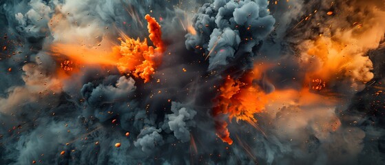 Splash explosion of black, grey with orange fog, colors cloud exploding background. wallpaper. copy space. 