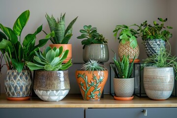 A row of potted plants sit on a wooden shelf, with some of them being tall and others being short. The plants are of various sizes and colors.