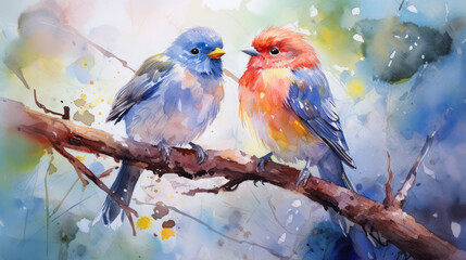Watercolor birds on a branch, style, background, art, wallpaper, print, poster, wall painting, interior, generative AI