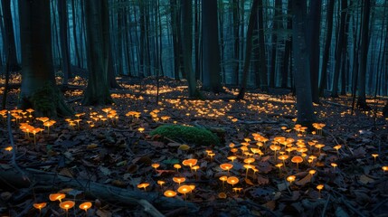 At twilight, the forest floor is illuminated by bioluminescent mushrooms, casting a mystical glow among the trees.