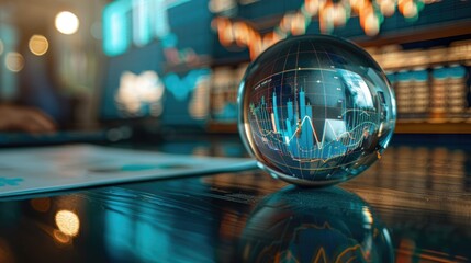 Bokeh light effects forge an analytical setting where a crystal ball on a desk showcases intricate stock market trends.