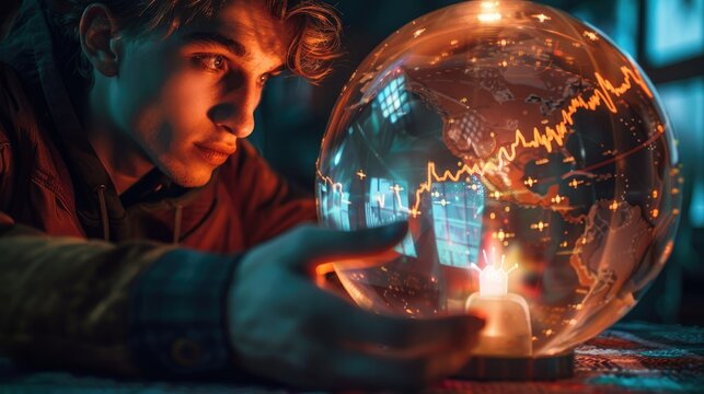 Bokeh lights twinkle around a man who concentrates on a crystal ball, which shows the vibrant dynamics of stock market data.