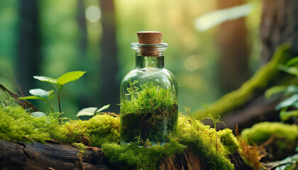 Small glass bottle filled with green plant inside on top of tree stump. Micro botanical ecosystem.