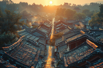 Sunrise over a traditional Asian village with historic rooftops and a serene atmosphere.