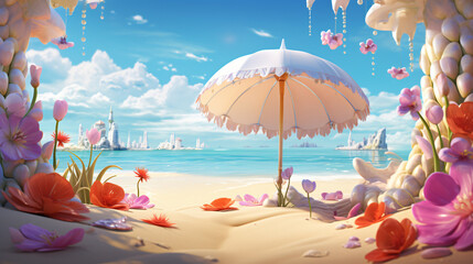 Fototapeta na wymiar A dreamlike beach scene with sandcastles and seashells