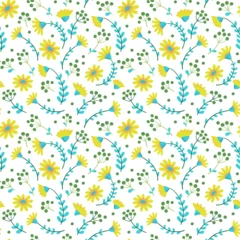 Gordijnen Seamless botanical pattern with yellow flowers and leaves. Seamless vector texture. Ditsy print. © Inna