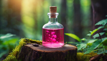 Small glass bottle filled with magic pink poison on top of tree stump. Magical elixir.