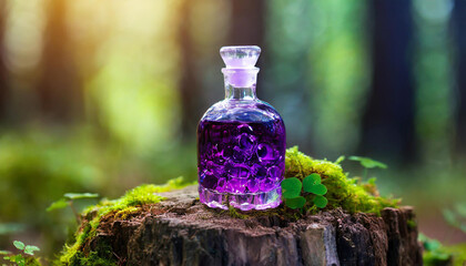 Small glass bottle filled with magic purple poison on top of tree stump. Magical elixir. Fantasy forest. Blurred green background.