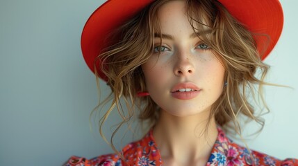 A fashion-forward portrait featuring a young woman in a vibrant red hat, her confident yet soft gaze complemented by a floral ensemble.