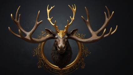 Obraz na płótnie Canvas Pagan god moose head with antlers and golden details on dark background
