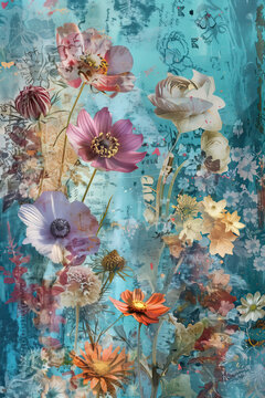 arte mural, bodegón de flores muertas, disecadas, empapelar con textura, poesía marco florido papel tapiz, tejido armonioso, ilustración de primavera, capricho de fábulas y fantasías, banquetes color
