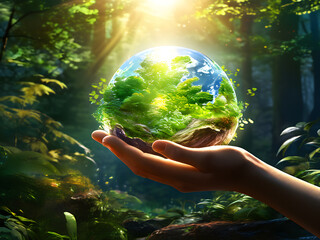 concept-art-depicting-hands-cradling-a-luminous-earth-nestled-in-a-verdant-forest-with-sunlight